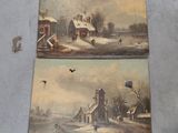 two pictures of a painting of a winter scene with a house in the background