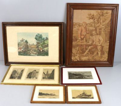 Lot comprenant : 3 gravures encadrées et 2 reproductions d'a…