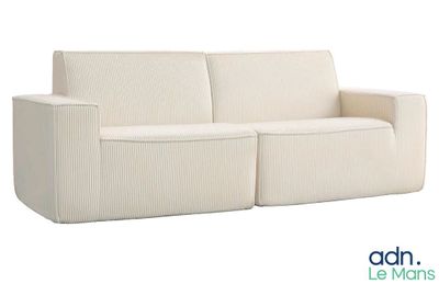 Le canapé est en tissu blanc et il y a deux coussins dessus.
