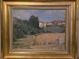 une peinture à l'huile représentant une scène de campagne avec une maison au loin