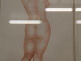 a drawing of a nude woman on the wall of a bathroom