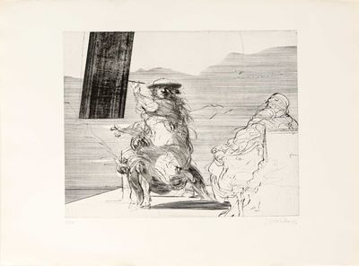 un dessin représentant un chien assis sur une chaise devant une fenêtre