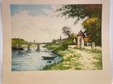 une image d'une peinture représentant un pont sur une rivière