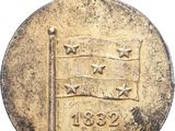 a close up of a medal with a flag on it