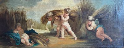 an oil painting of a group of children with a basket of hay