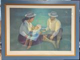 une peinture représentant un homme et une femme assis sur un banc