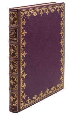 un livre violet avec des bordures dorées sur la couverture