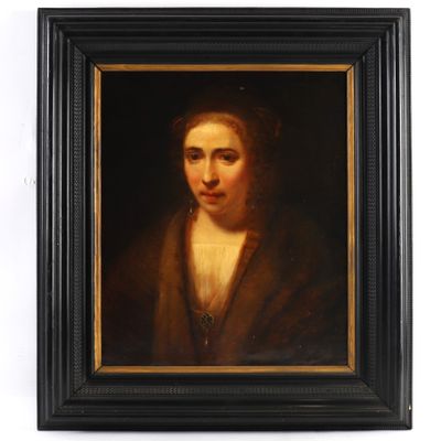an oil painting of a woman in a brown coat