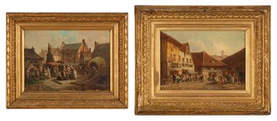 paire de peintures à l'huile anglaises du XIXe siècle représentant une scène de marché