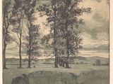 dessin représentant un paysage avec des arbres et un ruisseau au premier plan