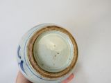 une personne tenant un vase bleu et blanc sur une table