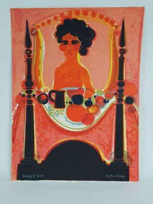 painting of a woman sitting in a chair with a cup of coffee