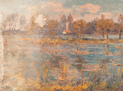 painting of a painting of a body of water with trees in the background