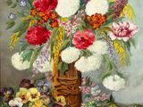 une peinture de fleurs dans un panier sur une table