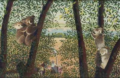 a painting of two koalas hanging from a tree