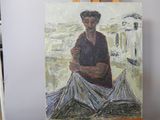 un tableau représentant une femme assise devant un chevalet