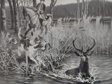tableau représentant un homme à cheval et un cerf dans l'eau