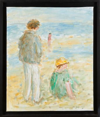 une image représentant un tableau où l'on voit une femme et un enfant sur la plage