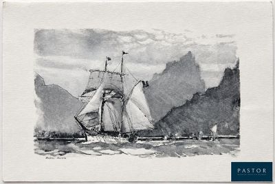 un dessin représentant un bateau sur l'eau, avec des montagnes en arrière-plan