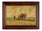 painting of two horses pulling a plow in a field