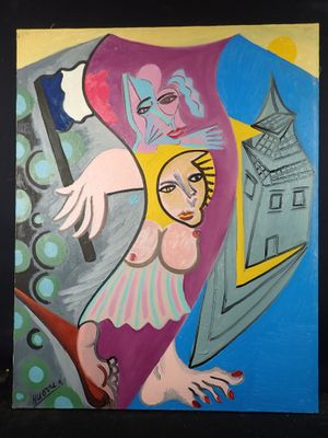 painting of a woman in a purple dress with a bird on her shoulder
