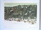 a picture of a picture of a village in the snow