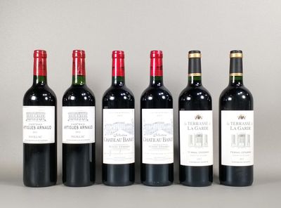 six bottles of wine are lined up in a row on a table