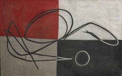 une peinture représentant un sac rouge, blanc et noir posé sur une table