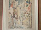 framed watercolor painting of a street scene with flags and buildings
