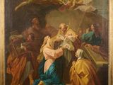 une peinture à l'huile représentant un tableau dans lequel un homme est agenouillé devant un groupe de personnes