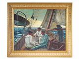 un tableau représentant un groupe d'hommes sur un bateau