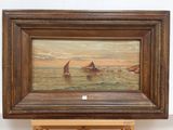 an oil painting of a sailboat in a body of water on a wooden easel