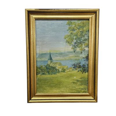 an oil painting of a church on a hill with a lake in the background