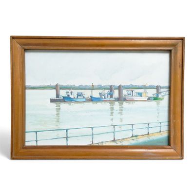 a picture of a painting of boats on the water
