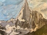 a painting of a mountain with a blue sky in the background