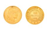 deux pièces d'or à l'effigie d'une femme