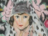 a painting of a woman wearing a hat with flowers on it