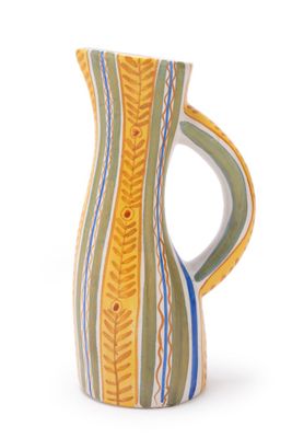 a yellow and blue striped vase on a white background