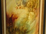 painting of a woman in a golden dress with a blue hair