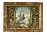 an old painting of a woman holding a baby in a gold frame