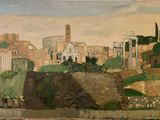 a painting of a view of a city from the water
