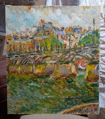 a painting of a bridge over a body of water