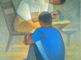 a painting of a man and a boy sitting at a table