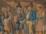 painting of a group of people standing around a man in a hat