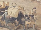 a painting of a yak pulling a wagon with people on it