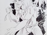a black and white drawing of a woman sitting in a chair