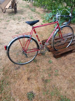 a red bike that is parked on a wooden platform