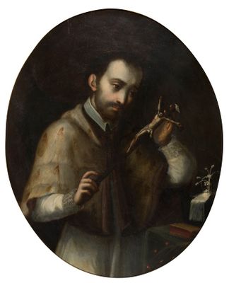 tableau représentant un homme tenant un oiseau dans sa main droite