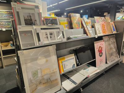 many books on the shelves in the store