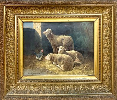 a painting of sheep and chickens in a barn